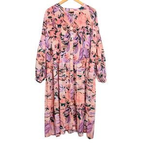 Misook Women XL Pink Floral Pleated Button Front Midi Dress Long Sleeve Abstract
